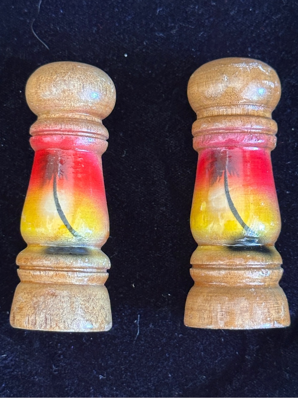 Hand-Painted Wooden Salt and Pepper Shakers in Red and Yellow